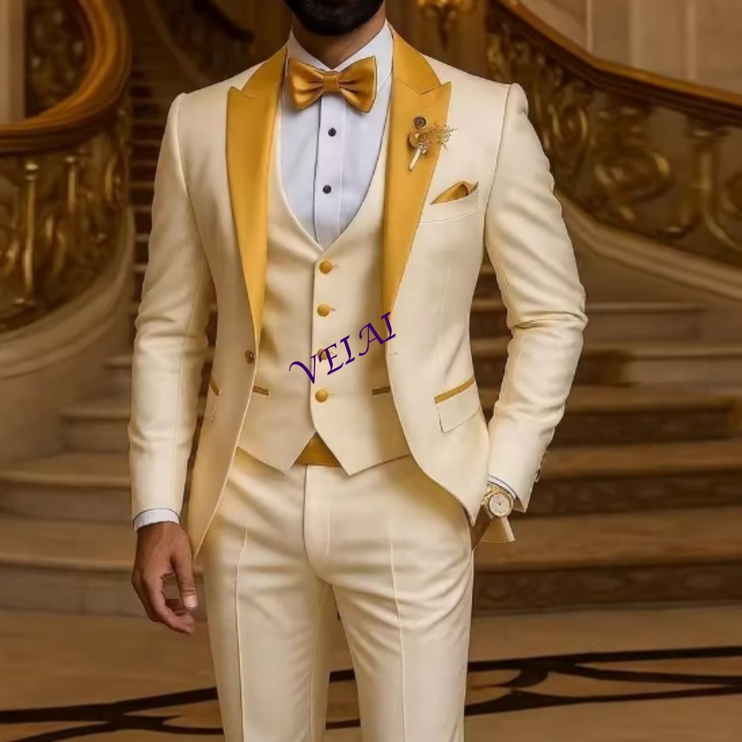 Mens Grooming Tools - CustomizedGold Collar Ivory Men Suit Wedding